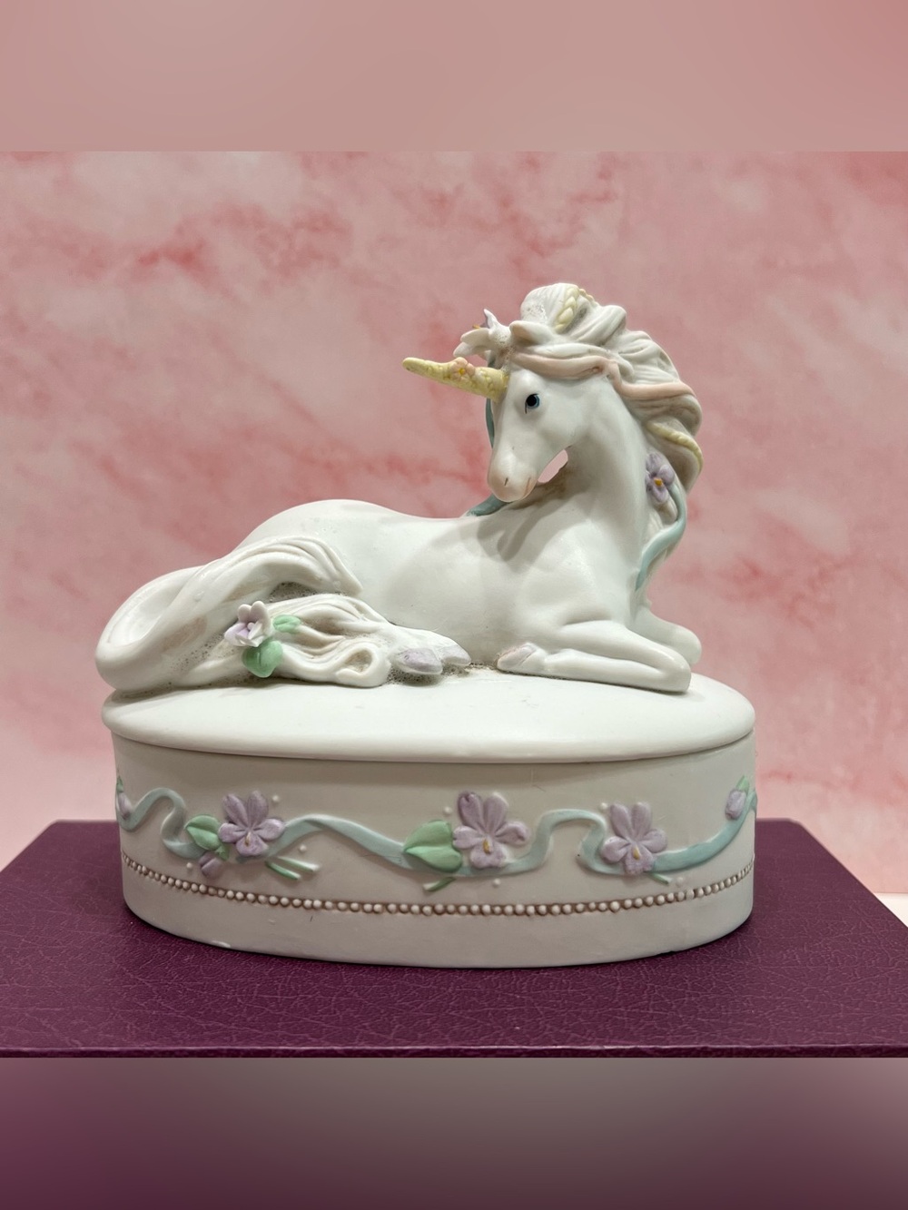 Vintage Porcelain Unicorn Trinket Keepsake Box Cottagecore Pastel Whimsical